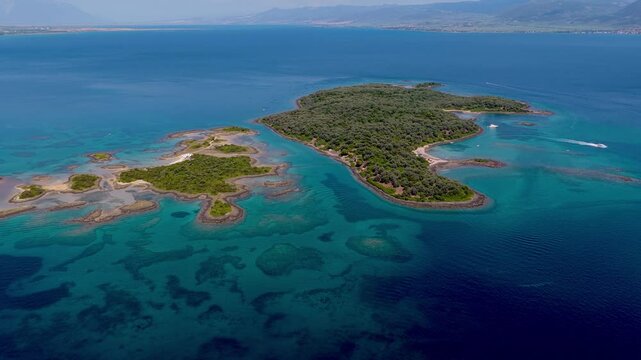 Aerial view of Lichadonisia which is island popular with boat trippers. the Greek Bahamas, in North Evia, Greece