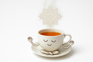 A cup of tea in a meditation pose emits a mandala. Space for text.