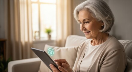 Smiling happy elderly mature senior woman using touch ID biometric security on digital tablet. Biometric authentication for safe online shopping and banking.