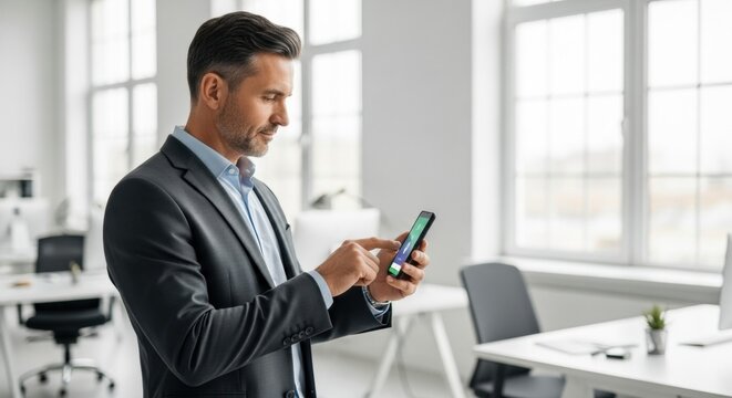A man using biometric authentication on his smartphone. Business professional unlocking phone with fingerprint scan for secure access.