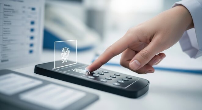 Woman scanning finger on a secure biometric device. Biometric security scan on sensor. Innovative identity verification for access.