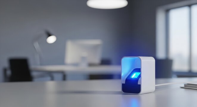 Modern biometric finger scanner device on a desk in an office. Cybersecurity and data protection technology concept.