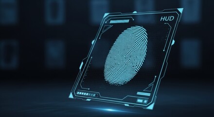 Digital fingerprint scanner with HUD display. Biometric identification concept showing modern security and touch id.