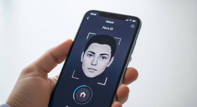 Woman's hand holding a phone displaying a facial recognition scan for biometric security or digital identity verification.