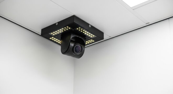 Black facial recognition camera with active infrared illuminators mounted on ceiling. Biometric security system for identification and access control. - Powered by Adobe