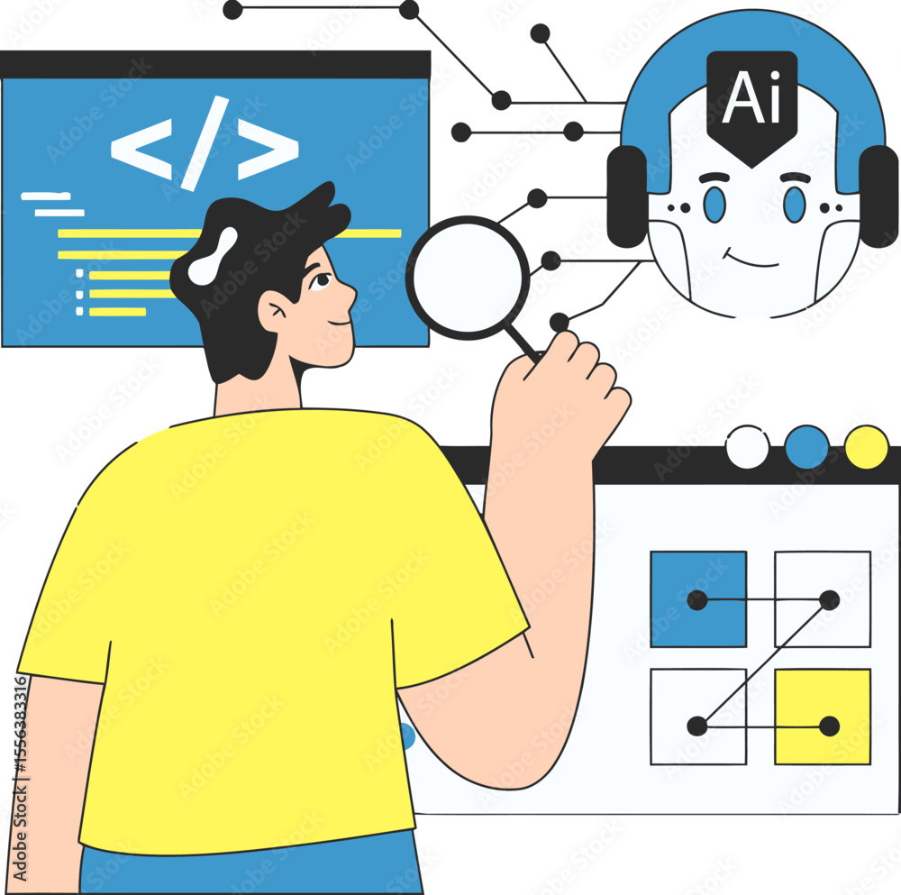 Poster illustration of ai developer coding with artificial intelligence and machine learning technology too