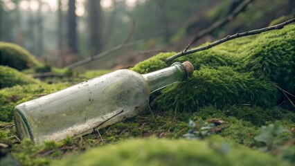 Glass bottle fogged with time, lying on moss — natural and manmade blend