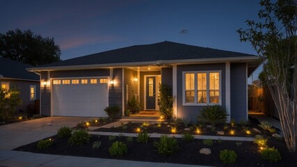 Modern Home Illuminated at Dusk With Garden Landscaping and Cozy Front Porch Welcoming Guests