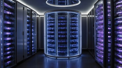 High-tech Data Center Featuring Advanced Storage Units Illuminated by Blue and Purple Lighting in a Modern Space