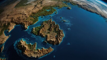 Obraz premium Satellite View of the Korean Peninsula Highlighting Coastal Features and Nearby Islands Under Bright Daylight