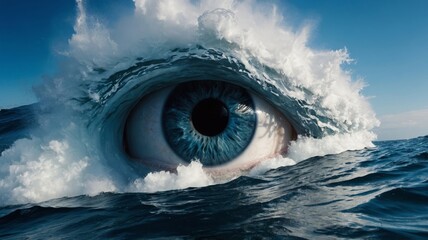 Creative Representation of a Giant Eye Emerging From Ocean Waves Under a Clear Blue Sky at Midday, Blending Reality and Imagination in a Surreal Landscape