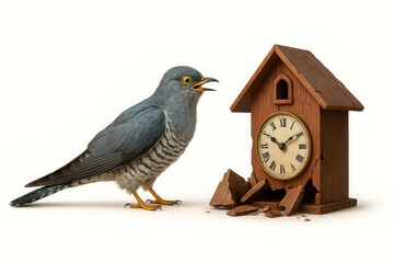 The cuckoo stands next to the broken clock.