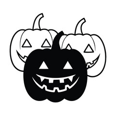 Three spooky halloween pumpkins with glowing eyes and grinning mouths perfect for autumn decorations and festive designs