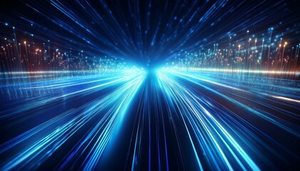 Obraz premium high speed optical fiber cable with glowing blue light streaks showcasing futuristic data transmission and high tech internet connectivity in a dark digital background