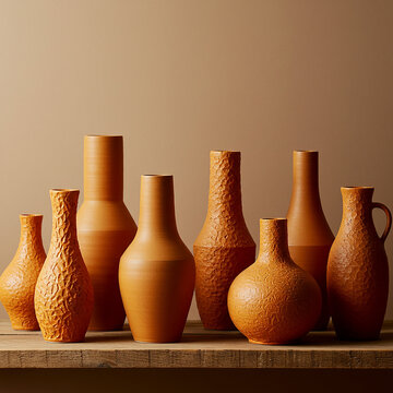 A collection of eight terracotta vases of varying shapes and textures on a wooden surface display
