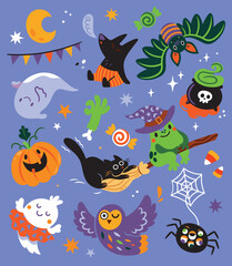 Print design. Spooky season with cartoon funny characters. Vector illustration