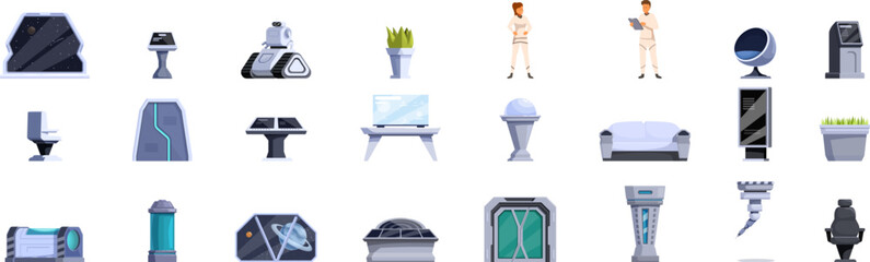 Obraz na płótnie Canvas Space station interior icons set. Futuristic spaceship interior showcasing various furniture, equipment, and astronauts, highlighting comfortable and functional design for space travel