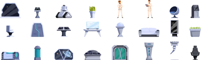 Fotobehang Space station interior icons set. Futuristic spaceship interior showcasing various furniture, equipment, and astronauts, highlighting comfortable and functional design for space travel © nsit0108