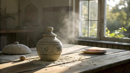 Dusty ceramic figure tipped over — natural light through window haze