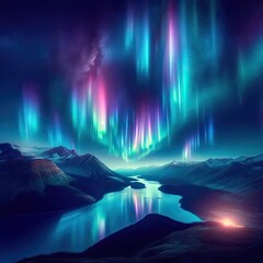 A breathtaking and magical image of the Aurora Borealis or Aurora Australis, with vibrant lights dancing across a dark night sky over a serene, uninhabited landscape.