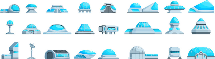 Building moon base icons set. Set of space colony buildings representing futuristic architecture for human outpost on other planets © nsit0108