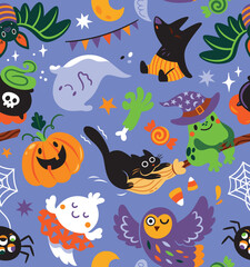 Pattern design. Spooky season with cartoon funny characters. Vector illustration