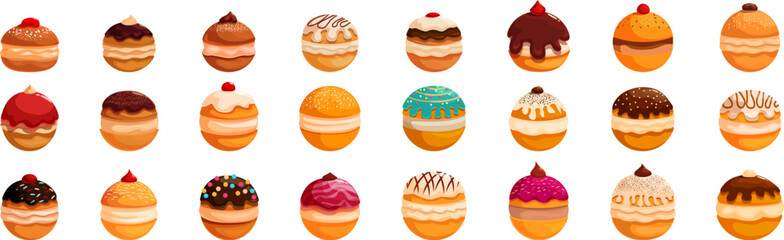 Hanukkah doughnuts icons set. Colorful sufganiyot icons showcasing a variety of delicious toppings and fillings, perfect for representing the sweet treats enjoyed during hanukkah