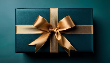 tightly framed sleek dark teal gift box adorned intricately tied golden ribbon soft matte black
