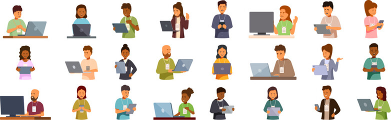 Remote volunteering icons set. Conference attendees using various devices, engaging in discussions, and working on projects