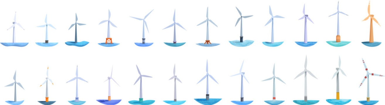 Wind farms ocean icons set. Cartoon set of offshore wind turbines generating clean energy in the ocean, symbolizing sustainable power and environmental conservation