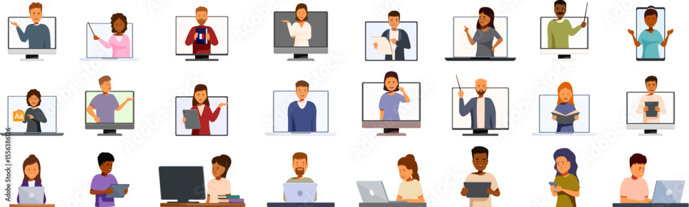 Poster online language tutor icons set. teachers teaching and students learning online using computer and m