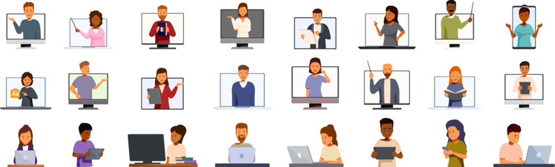 Online language tutor icons set. Teachers teaching and students learning online using computer and mobile devices, online education concept