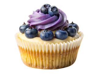 Blueberry cheesecake cupcake with purple frosting and fresh berries isolated on a transparent background, PNG