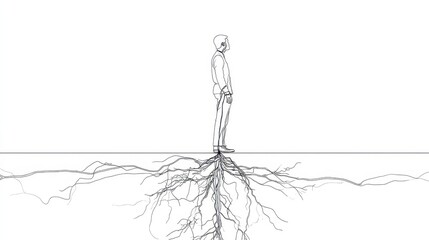 Obraz premium Line art of man with spreading roots symbolizing growth and identity