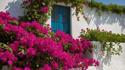Vibrant Bougainvillea Blooms Cascade Over a White Wall With Blue Door in a Sunny Mediterranean Village, Highlighting the Charm of Nature and Architecture Together