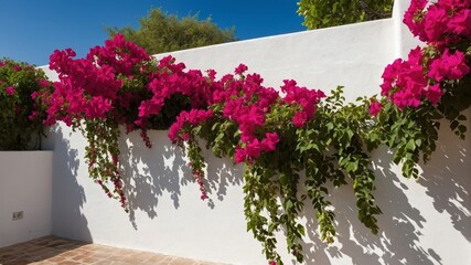 Lush Bougainvillea Cascading Over a White Wall in a Tranquil Courtyard During Midday in a Sunny Tropical Location