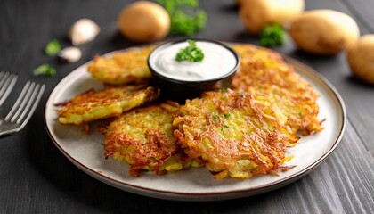 golden potato latkes crispy and golden served with tangy sour cream for dipping a classic comfort food that warms the soul and satisfies the taste buds