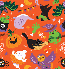 Pattern design. Spooky season with cartoon funny characters. Vector illustration