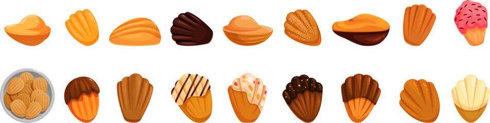 Madeleines icons set. Set of madeleine cookies showcasing different flavors, toppings, and presentations, highlighting the versatility of this classic french pastry