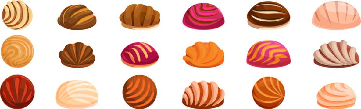 Mexican conchas icons set. Set of concha bread icons featuring various flavors and decorations of this traditional mexican sweet bread