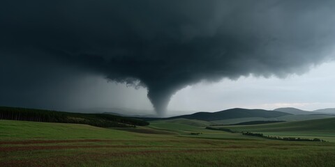 Ominous tornado looms over green landscape under dark storm clouds
