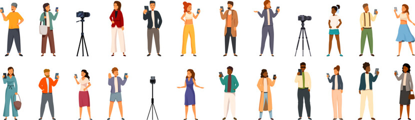 Fototapeta premium Fashion influencer icons set. Diverse group of people creating digital content, using smartphones and professional equipment for online platforms