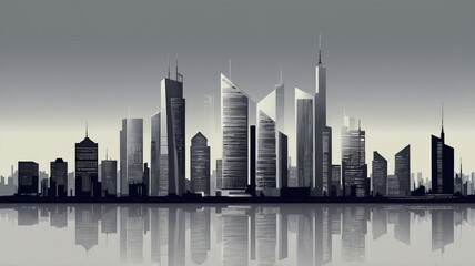Fototapeta premium Modern Skyline Silhouetted Against a Gray Background, Featuring Various Architectural Styles and Reflections on a Water Surface at Dusk