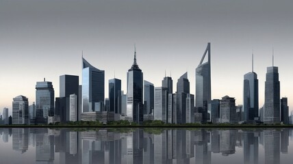 Fototapeta premium Stunning Skyline View of a Modern Cityscape Reflecting on the Water During Twilight Hours