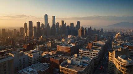 Obraz premium City Skyline at Sunset With Glowing Buildings and Distant Mountains Viewed From a High Vantage Point in an Urban Setting