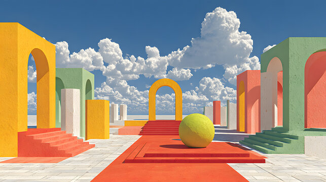 Surreal architectural landscape with colorful abstract structures - Powered by Adobe
