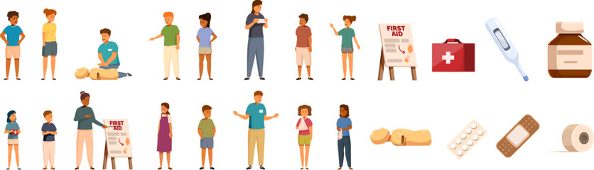 Obraz premium Children learning first aid icons set. Children practicing first aid techniques with instructor, accompanied by essential medical supplies