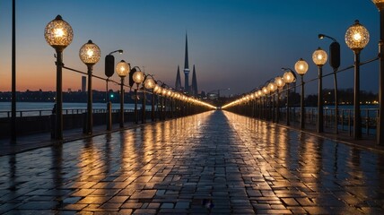 Obraz premium Stunning Nighttime View of Illuminated Walkway Leading to City Skyline in the Distance