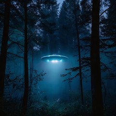 A metallic UFO hovering silently over a dark forest at night, with beams of cold blue light shining through the trees and dense fog, cinematic atmosphere