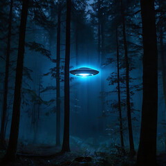 A metallic UFO hovering silently over a dark forest at night, with beams of cold blue light shining through the trees and dense fog, cinematic atmosphere
